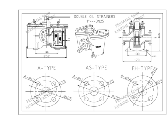 FEIHANG JIS 10K-25 Double Oil Strainers & Duplex Oil Strainer & Double Oil Filter & Duplex Oil Filters